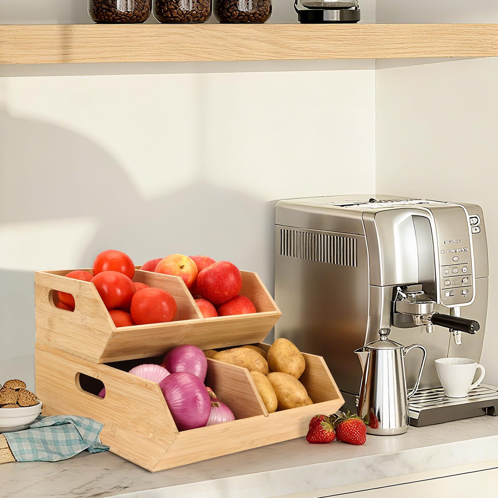 Cestas de bambú para verduras con ventilación, mantienen productos frescos por más tiempo.