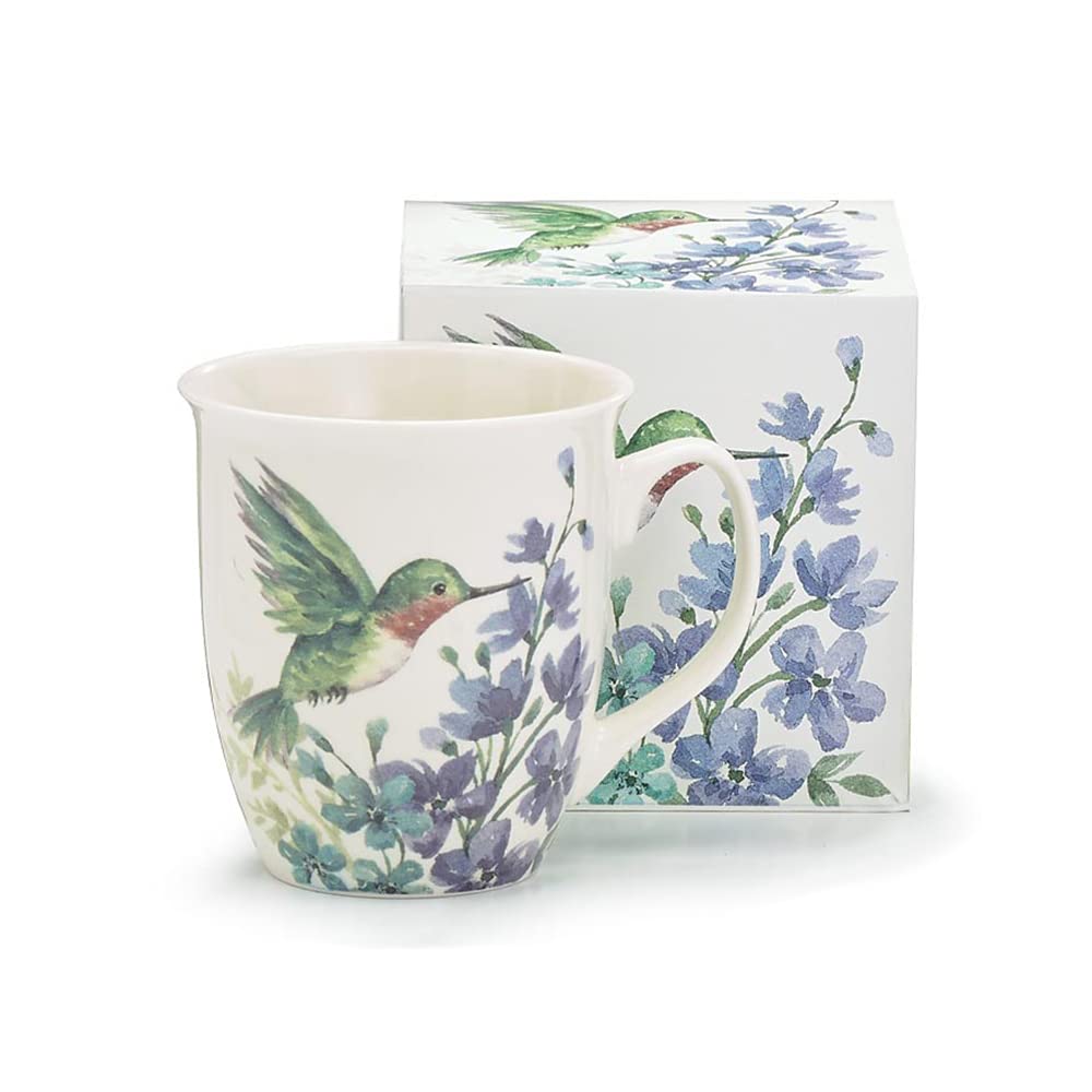Taza Generic con colibrí sobre flores moradas, ideal para ritual de café matutino y té.