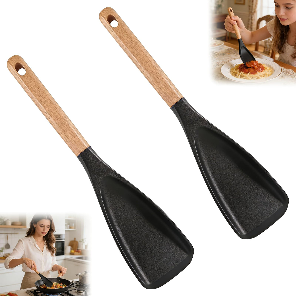 Generic cucharón-espátula con mango de madera ergonómico para cocinar.