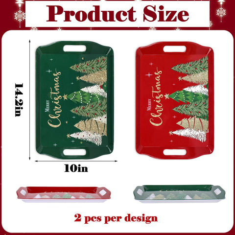 Detalle del diseño de árboles navideños en bandejas Generic en dorado, rojo y verde.