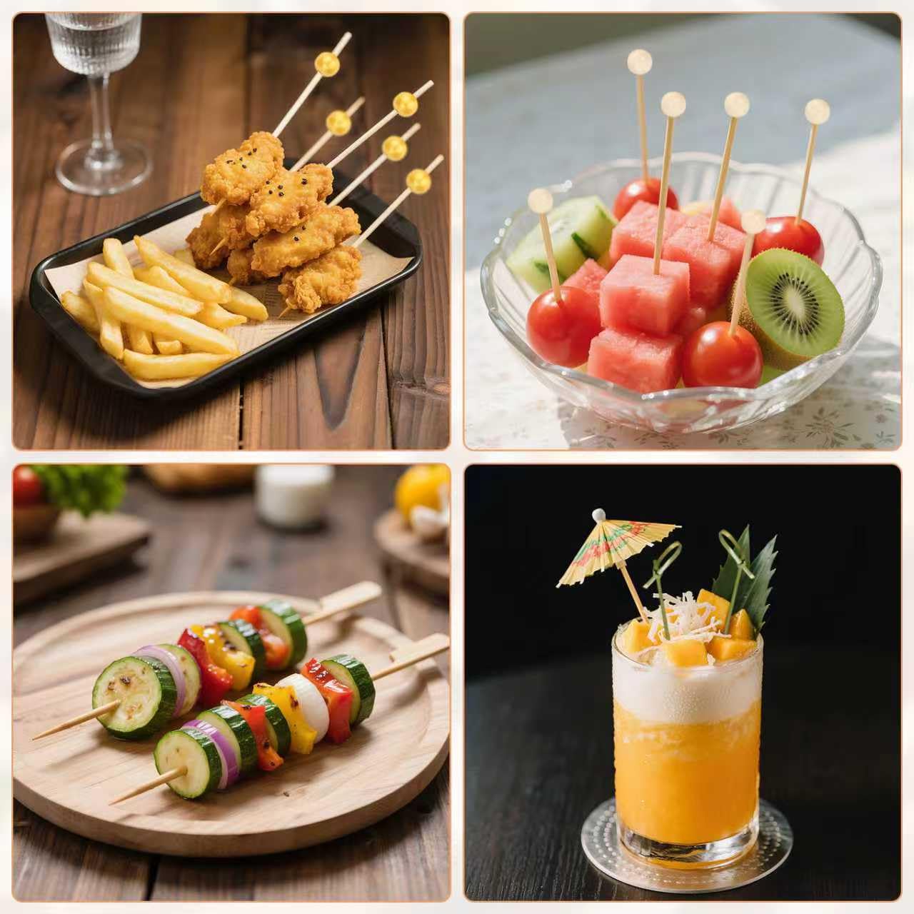 Palillos de bambú para entrantes y brochetas de fruta