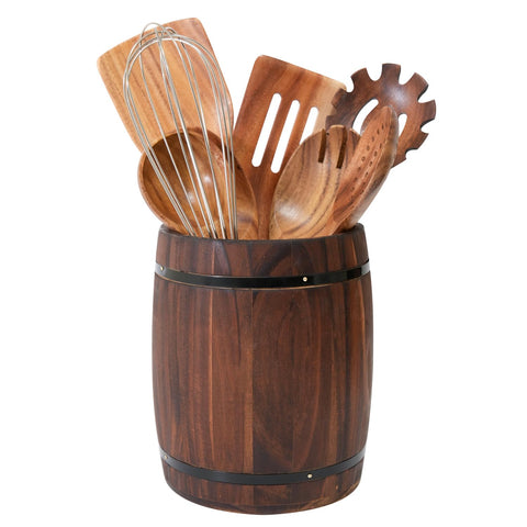 Generic Portautensilios madera estilo barril frente, acceso rápido a cucharas y espátulas.
