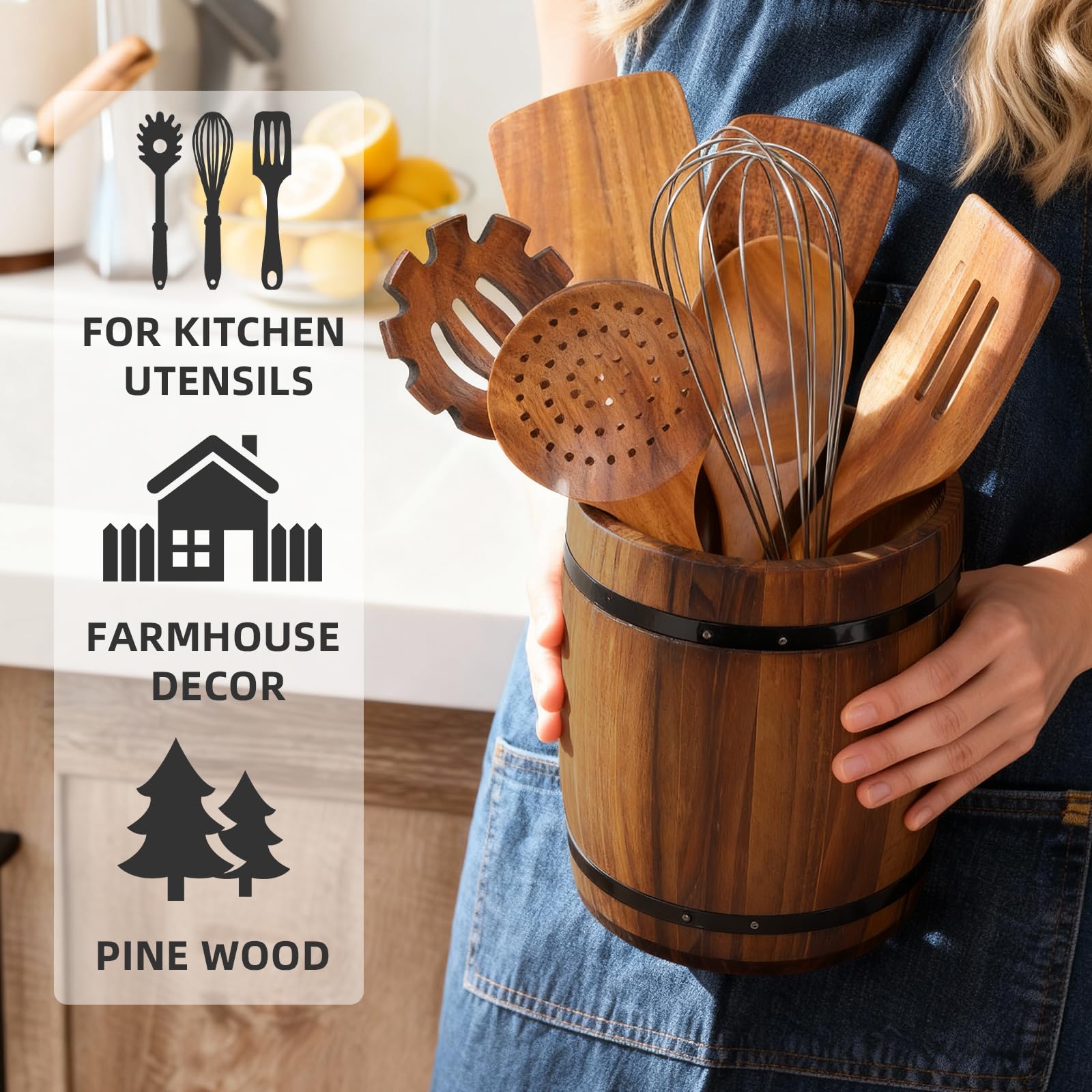 Generic Portautensilios madera estilo barril superficie suave, fácil de limpiar.