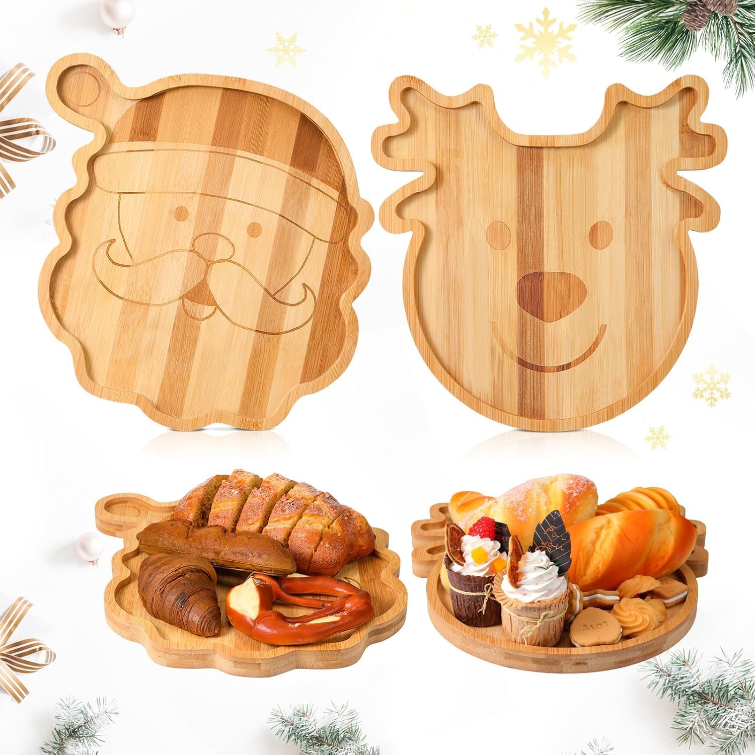 Generic Santa y Reno en bandeja de bambú, ideal para presentar dulces navideños.