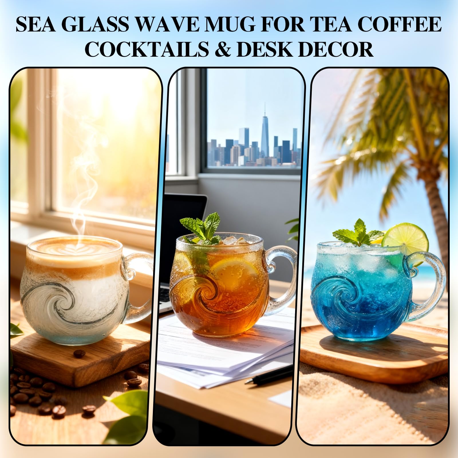Taza Ola de Vidrio Marino de Generic, capacidad 300 ml ideal para té o café.