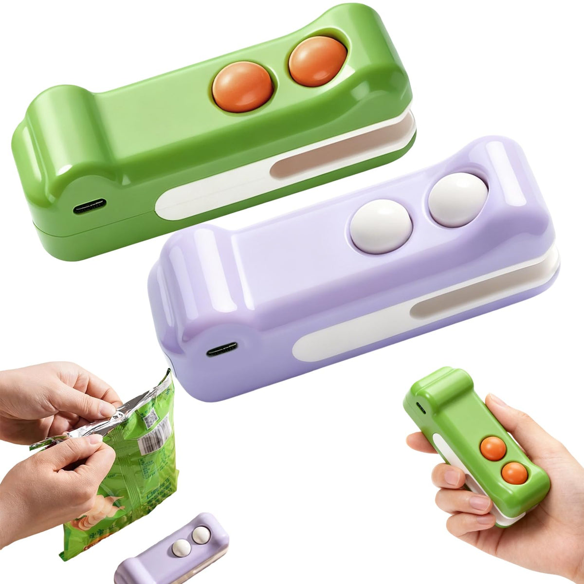 Generic sellador 2 en 1 con corte e imán verde, ideal para snacks y almacenamiento.