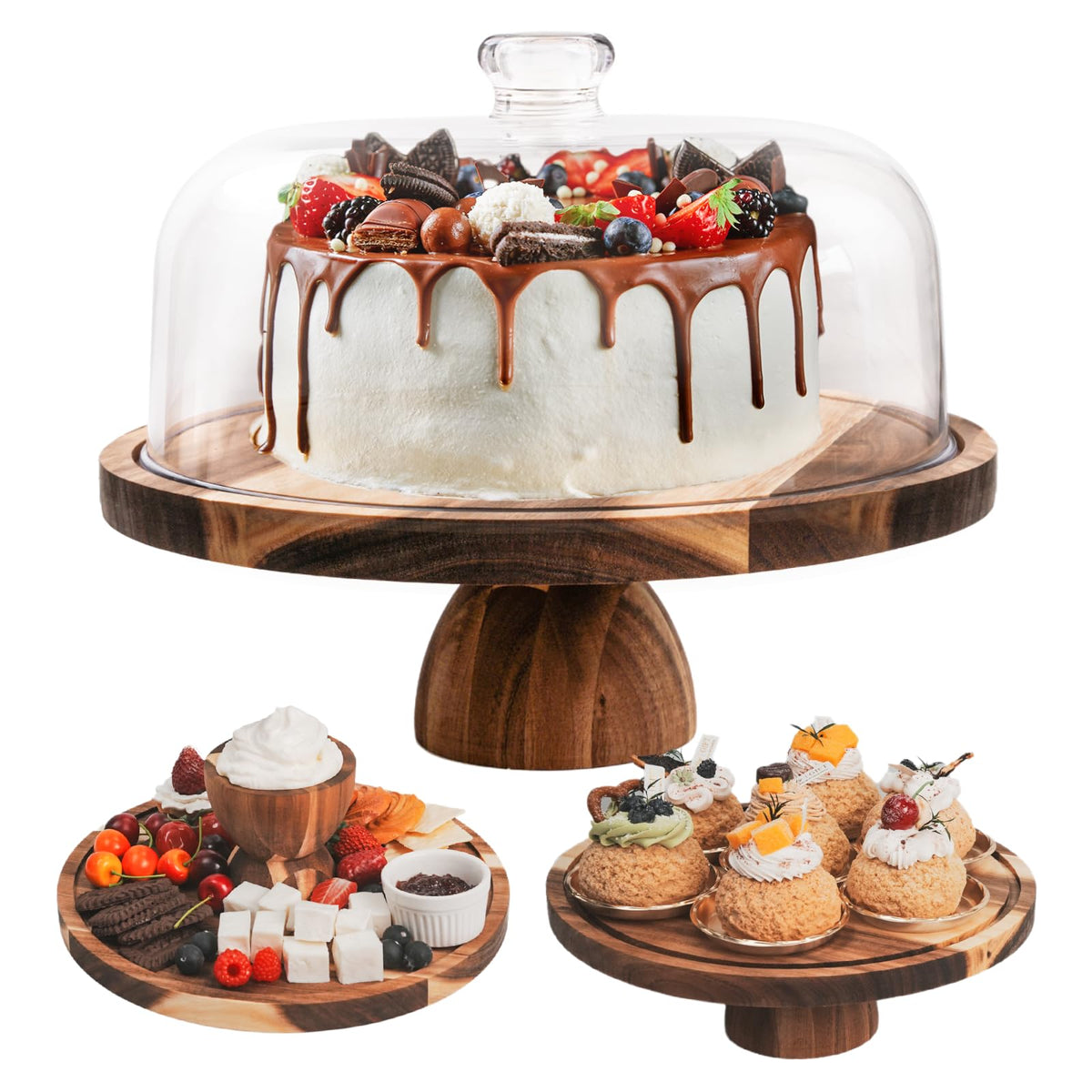 Generic: soporte pastel acacia con tapa, exhibe repostería con estilo y la mantiene fresca.