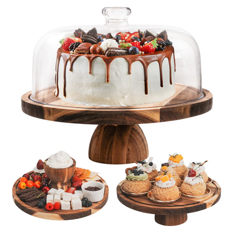 Generic: soporte pastel acacia con tapa, exhibe repostería con estilo y la mantiene fresca.