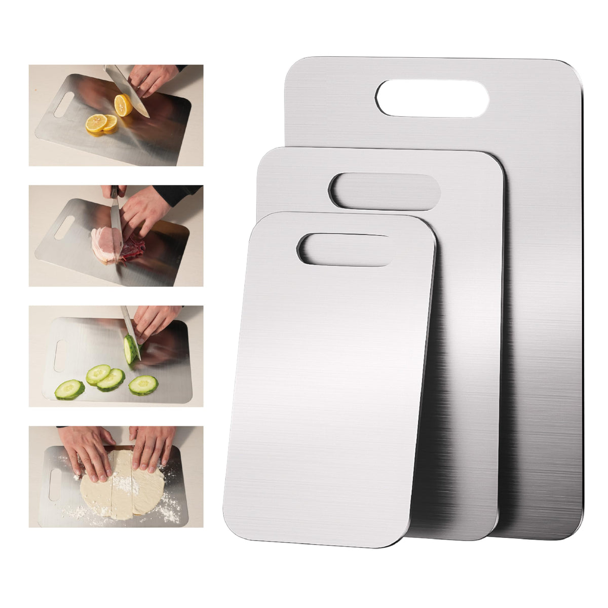 Tabla Generic de acero inoxidable 15-3x11, amplia para carne y vegetales.