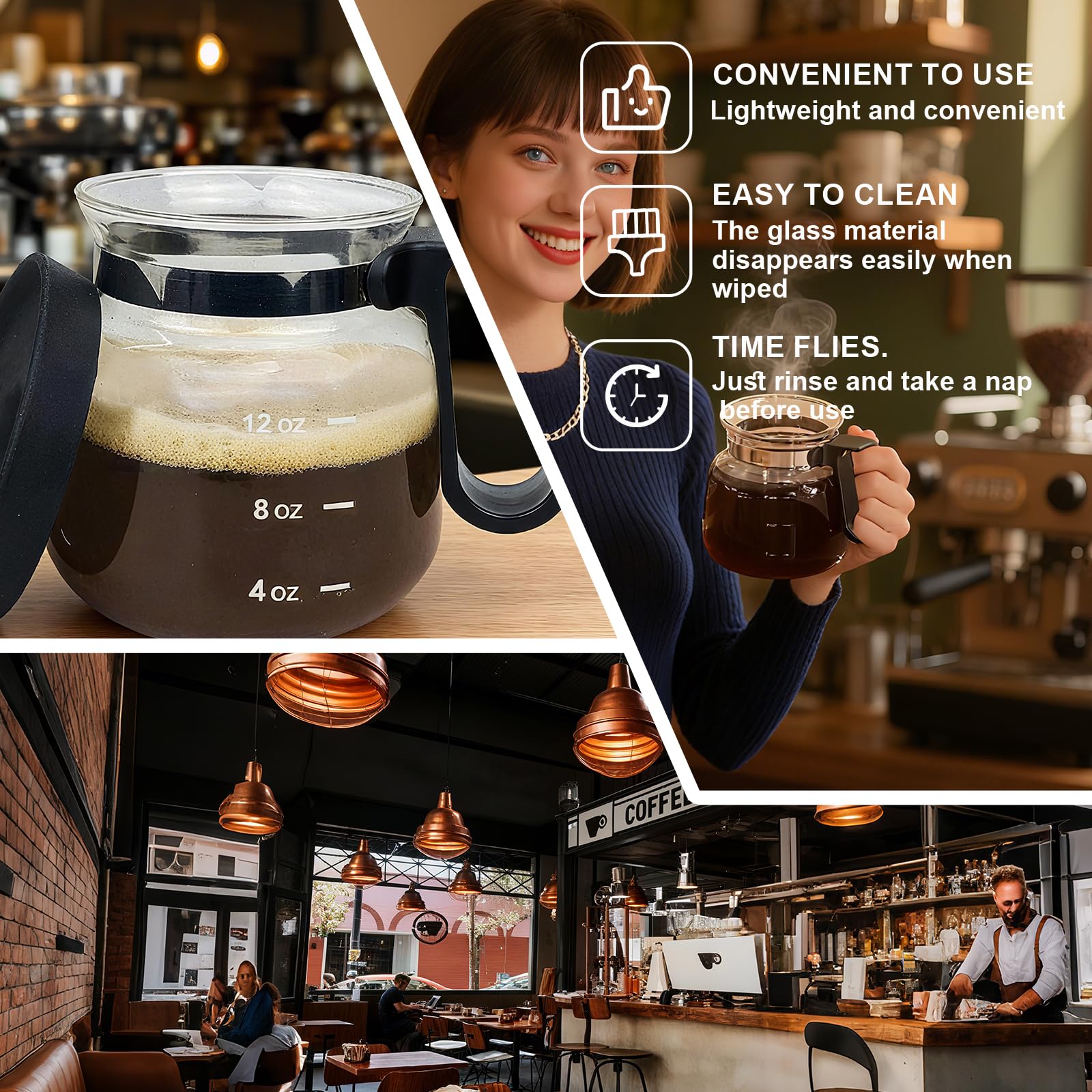 La taza genérica de café cuenta con boquilla de verter precisa para un flujo limpio.