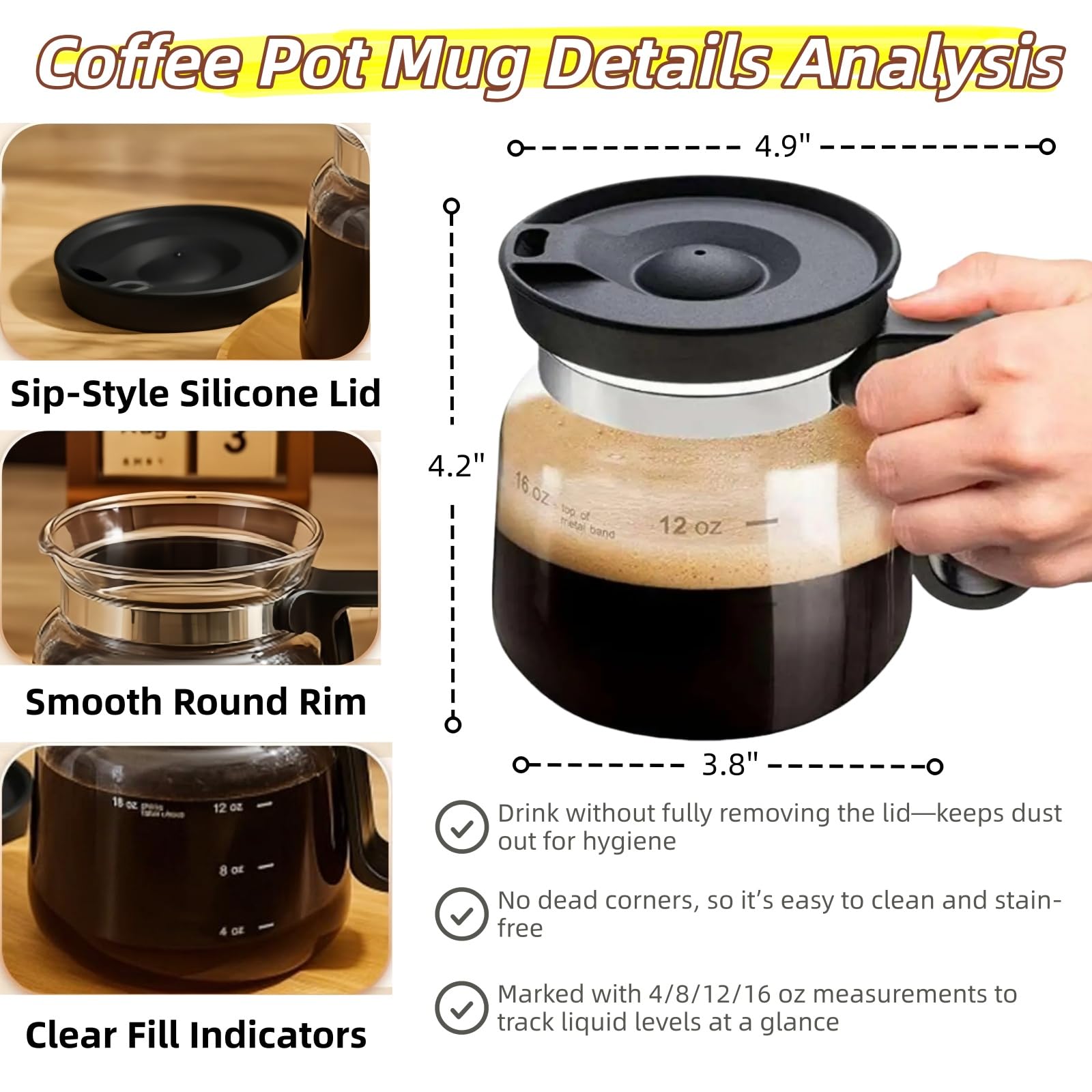 La taza genérica de café muestra capacidad de 16oz en cristal transparente para medir tomas.
