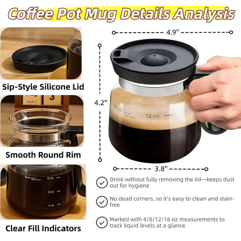 La taza genérica de café muestra capacidad de 16oz en cristal transparente para medir tomas.