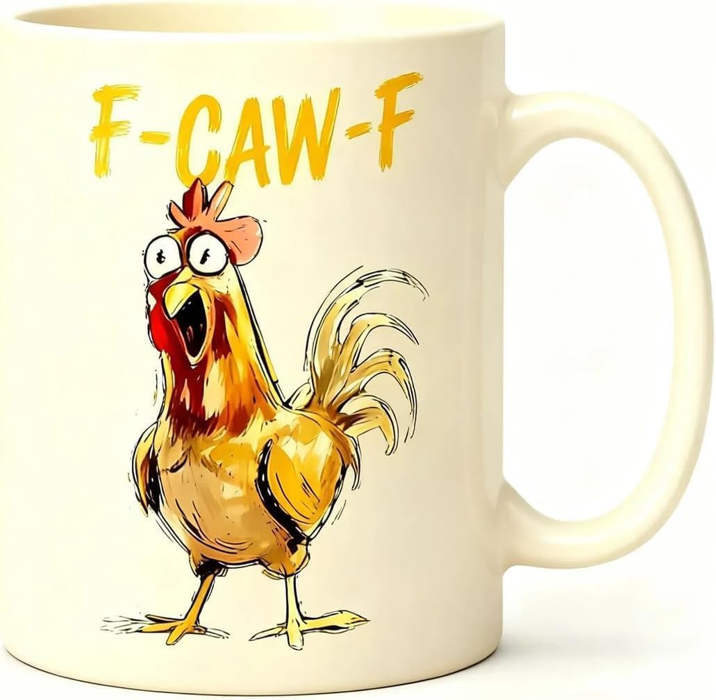Taza Generic Caw-F con diseño de gallo visto al frente, ideal para empezar el día con humor.
