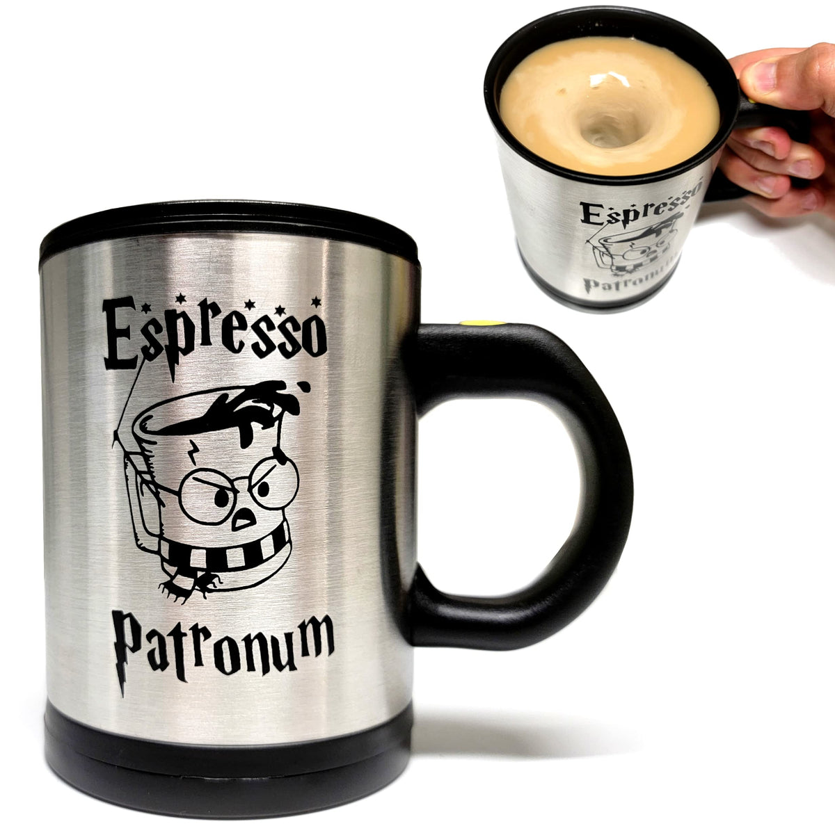 Taza Generic Espresso Patronum autoagitadora frente con arte duradero para calor sostenido