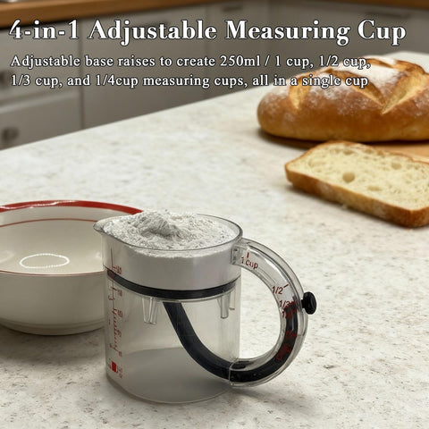 Generic-taza-medidora-base-selado-raspador reduce desperdicios y facilita limpieza.