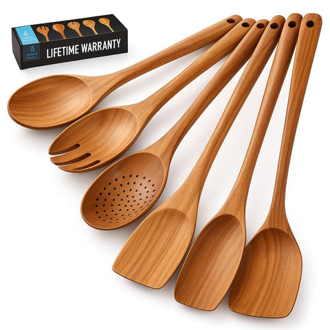 Generic: cuchara de ensalada de teca, suave y duradera para mezclar ingredientes.