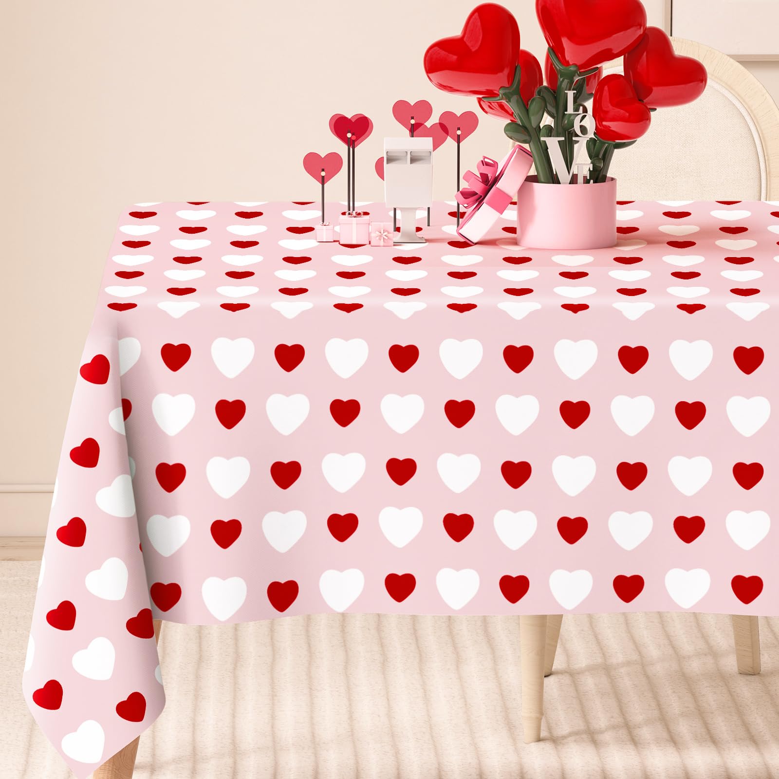 Mantel Genérico Día de San Valentín con corazones rojos y blancos para una mesa romántica