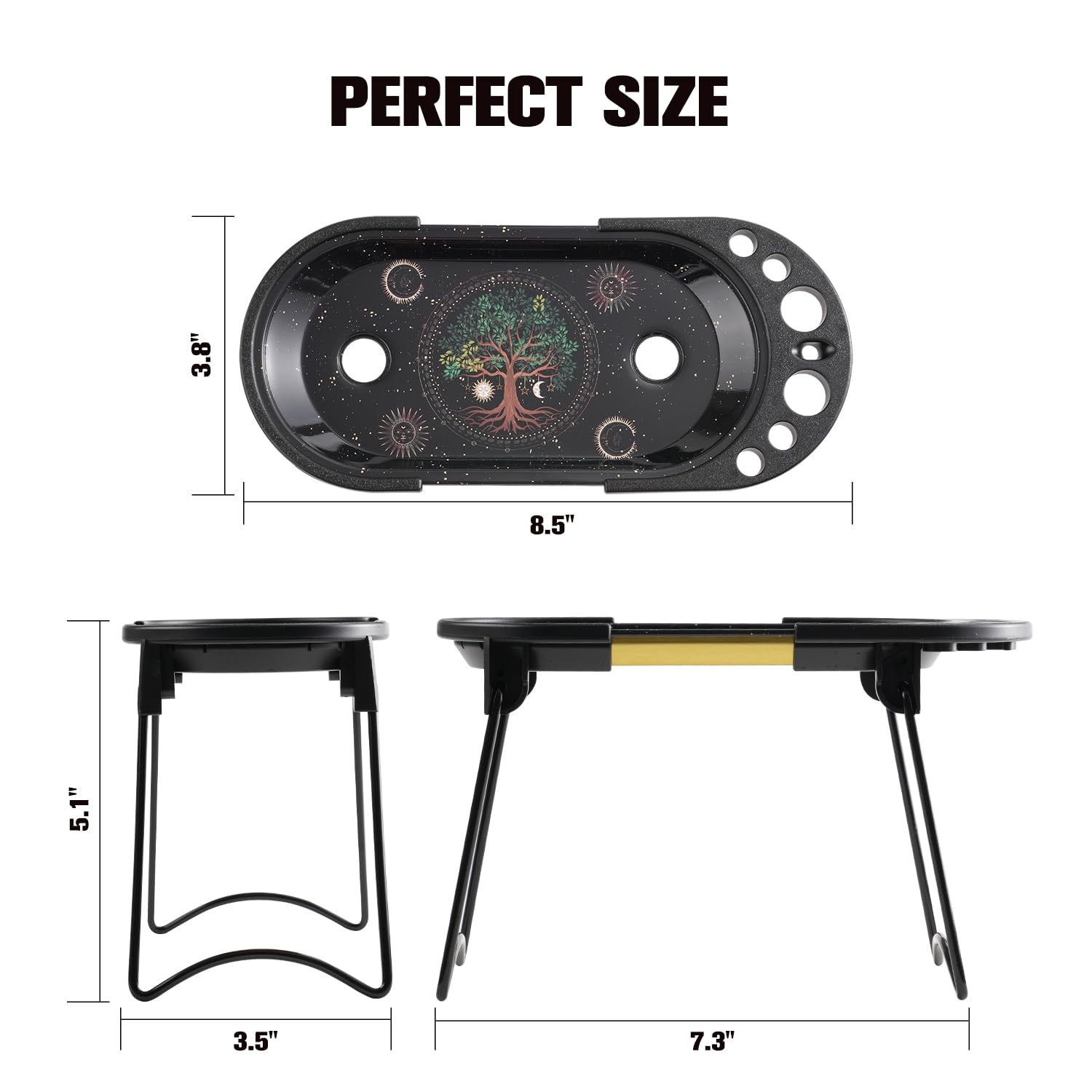 Soporte plegable de la bandeja genérico mostrando su diseño compacto para viajes.