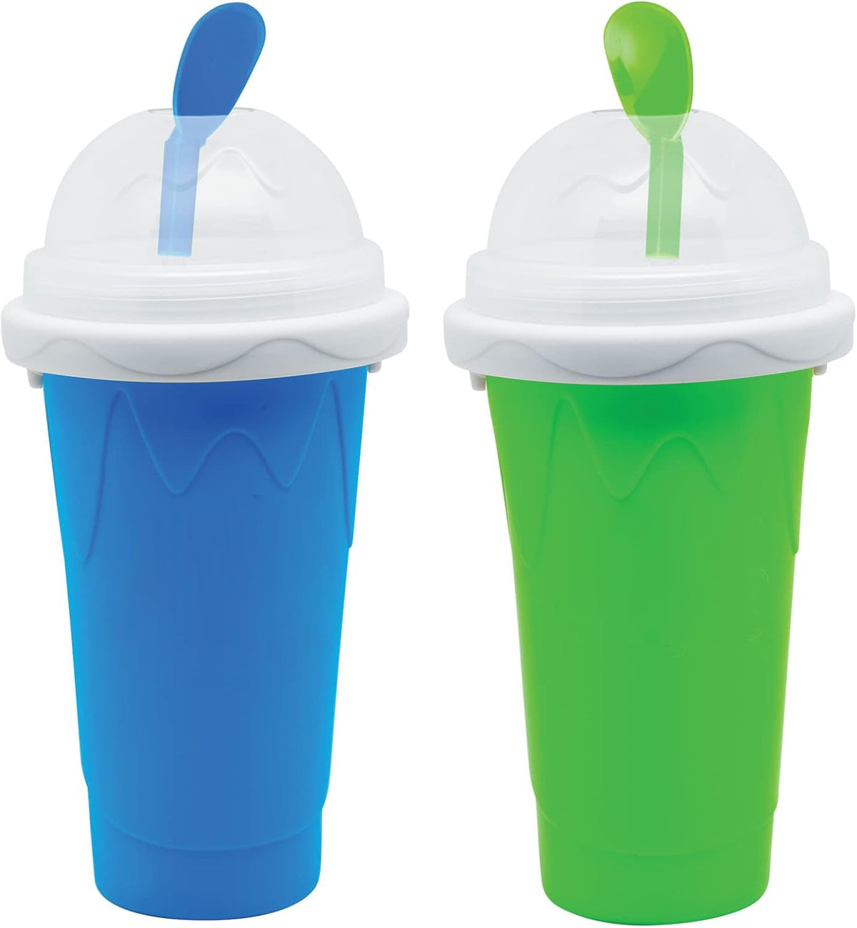 Genérico taza mágica congelada azul con tapa y cuchara, ideal para bebidas frías rápidas.