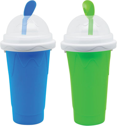 Genérico taza mágica congelada azul con tapa y cuchara, ideal para bebidas frías rápidas.