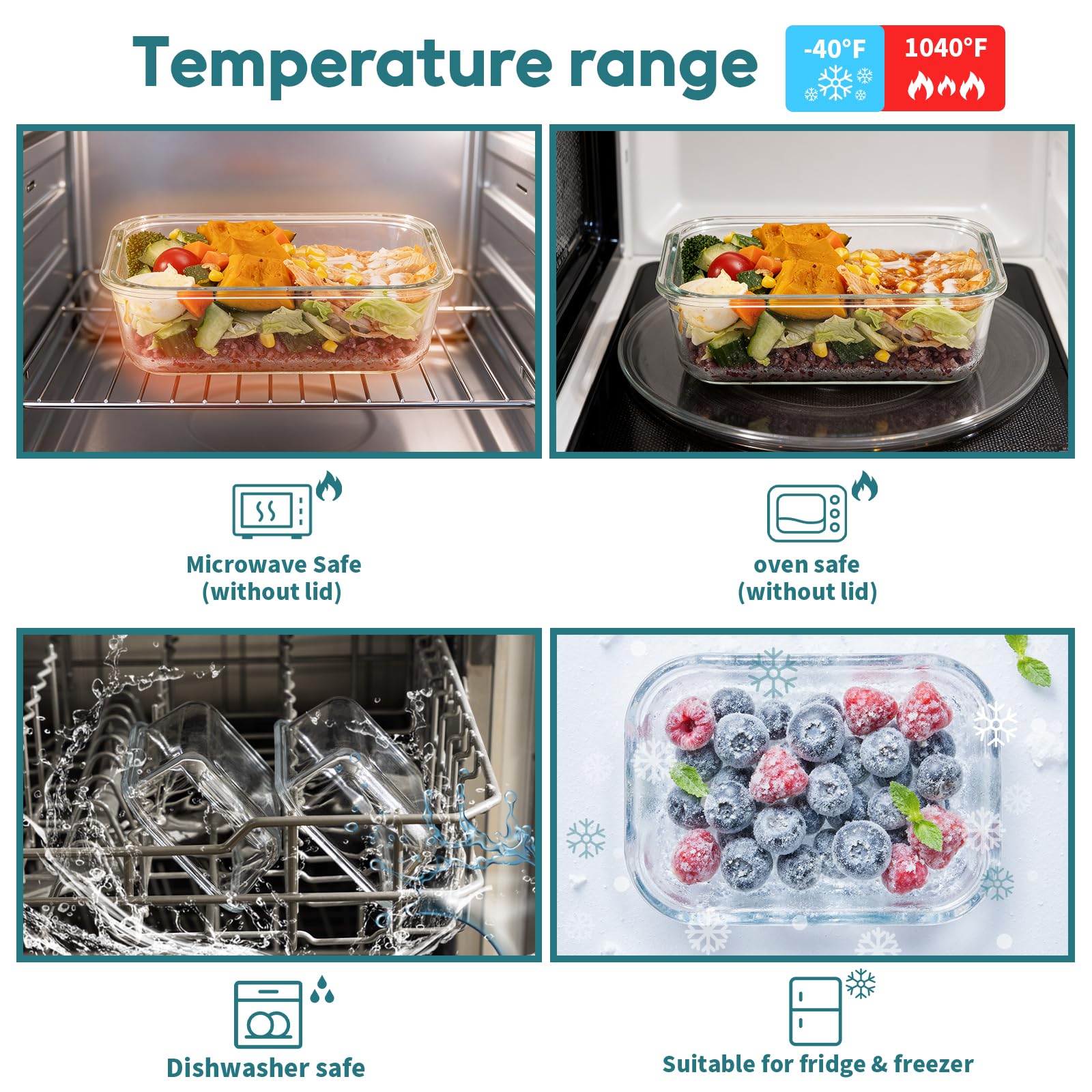 Genicoook contenedores de vidrio resisten temperaturas extremas para recalentar directamente.