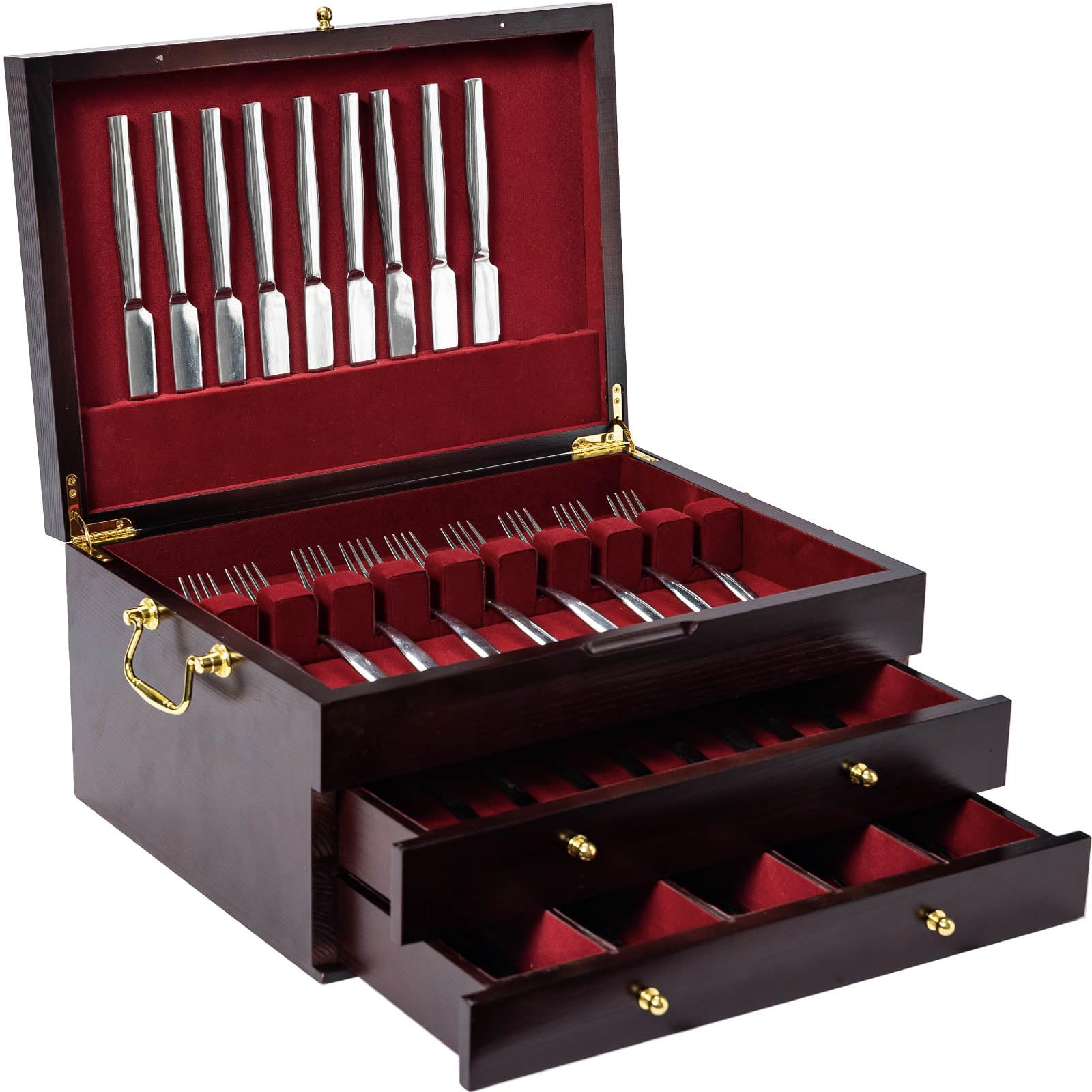 Genrice caja de cubiertos de madera con asa para transporte cómodo.