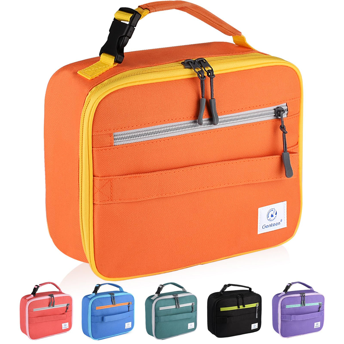 Bolsa Genteen aislada para almuerzo, vista frontal naranja, mantiene bebidas frías.