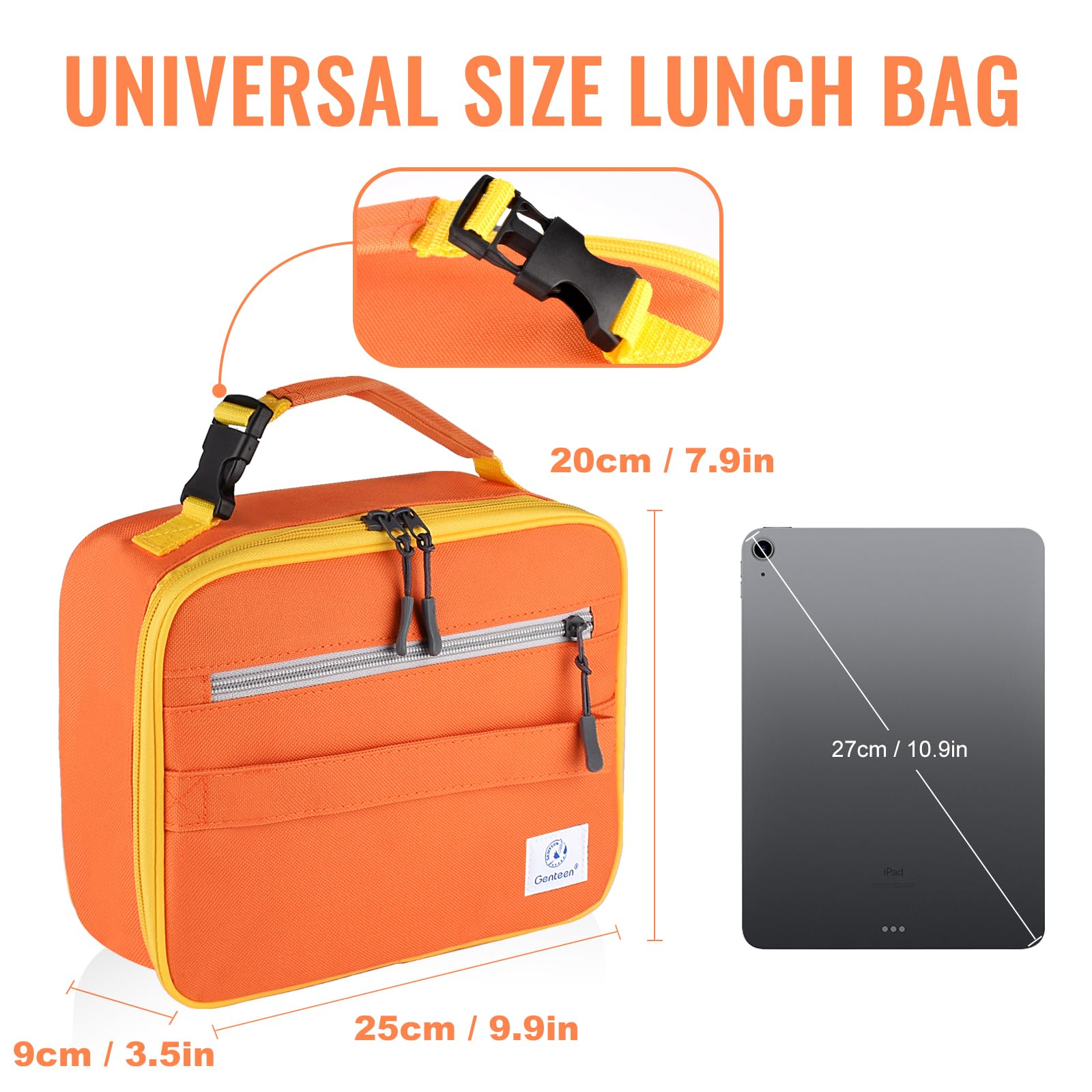 Bolsa Genteen de almuerzo con doble cierre, vista lateral naranja, fácil limpieza.