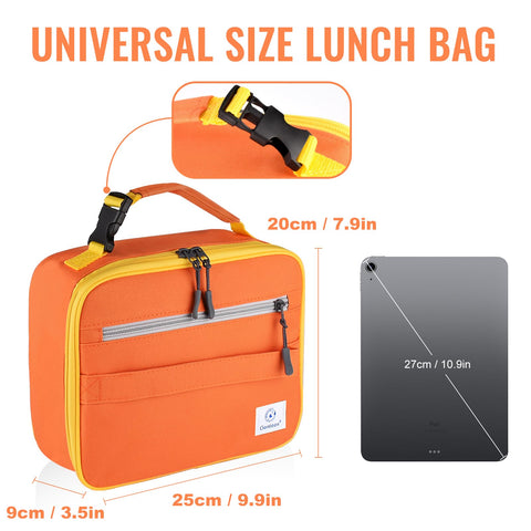 Bolsa Genteen de almuerzo con doble cierre, vista lateral naranja, fácil limpieza.