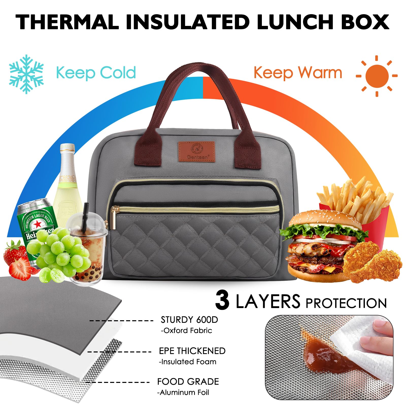 Genteen bolsa de almuerzo gris elegante, combina con cualquier atuendo.