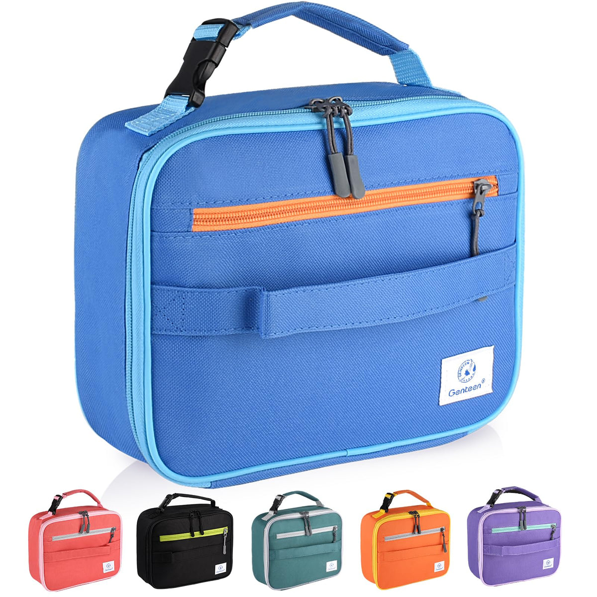 Genteen lonchera infantil azul con cierre doble, ideal para mantener comidas frescas en la escuela.