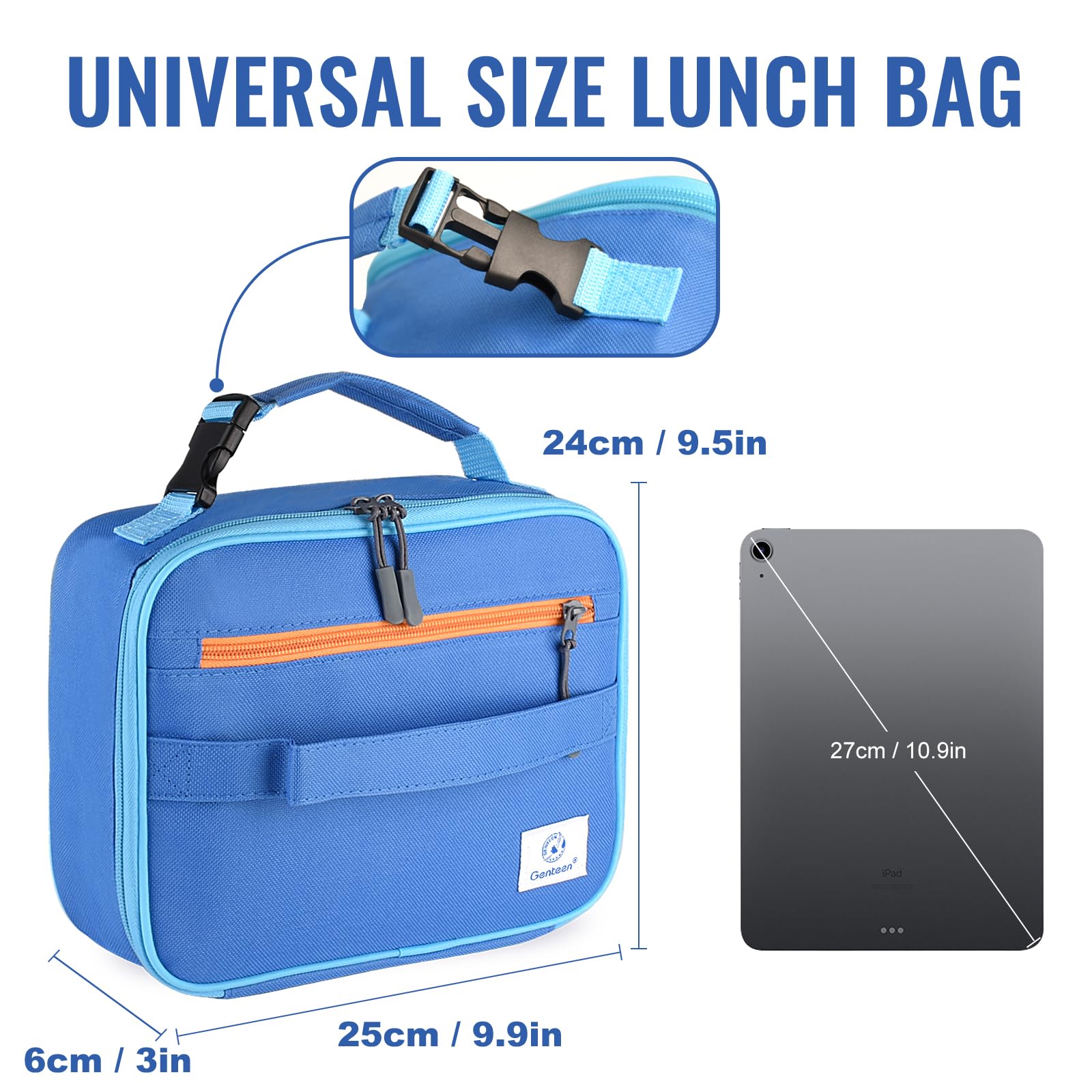 Genteen lonchera escolar azul, interior aislado, mantiene bebidas frías y snacks frescos.