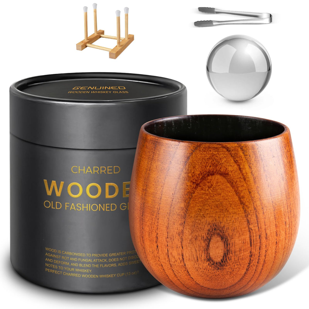 Vaso GENUINED de whisky con madera carbonizada, ideal para regalo en presentaciones grandes