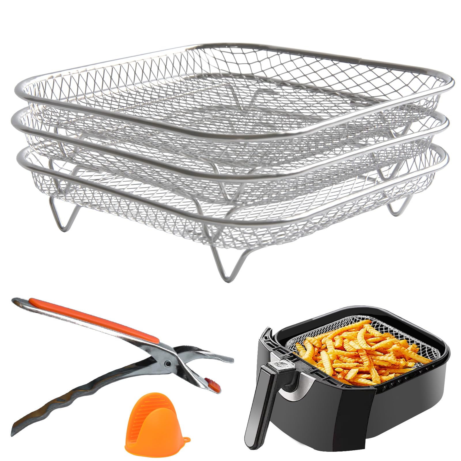 Geolinhome rejilla para freidora de aire con tres capas apilables para cocinar por lotes