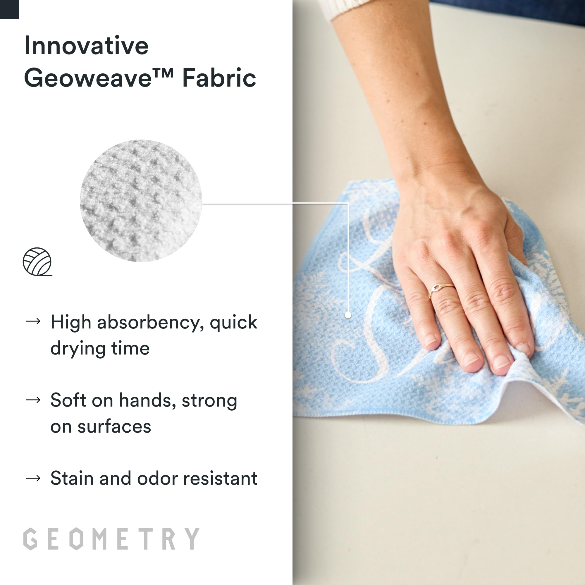 GEOMETRY paños de cocina Geoweave absorben derrames con suavidad y control.
