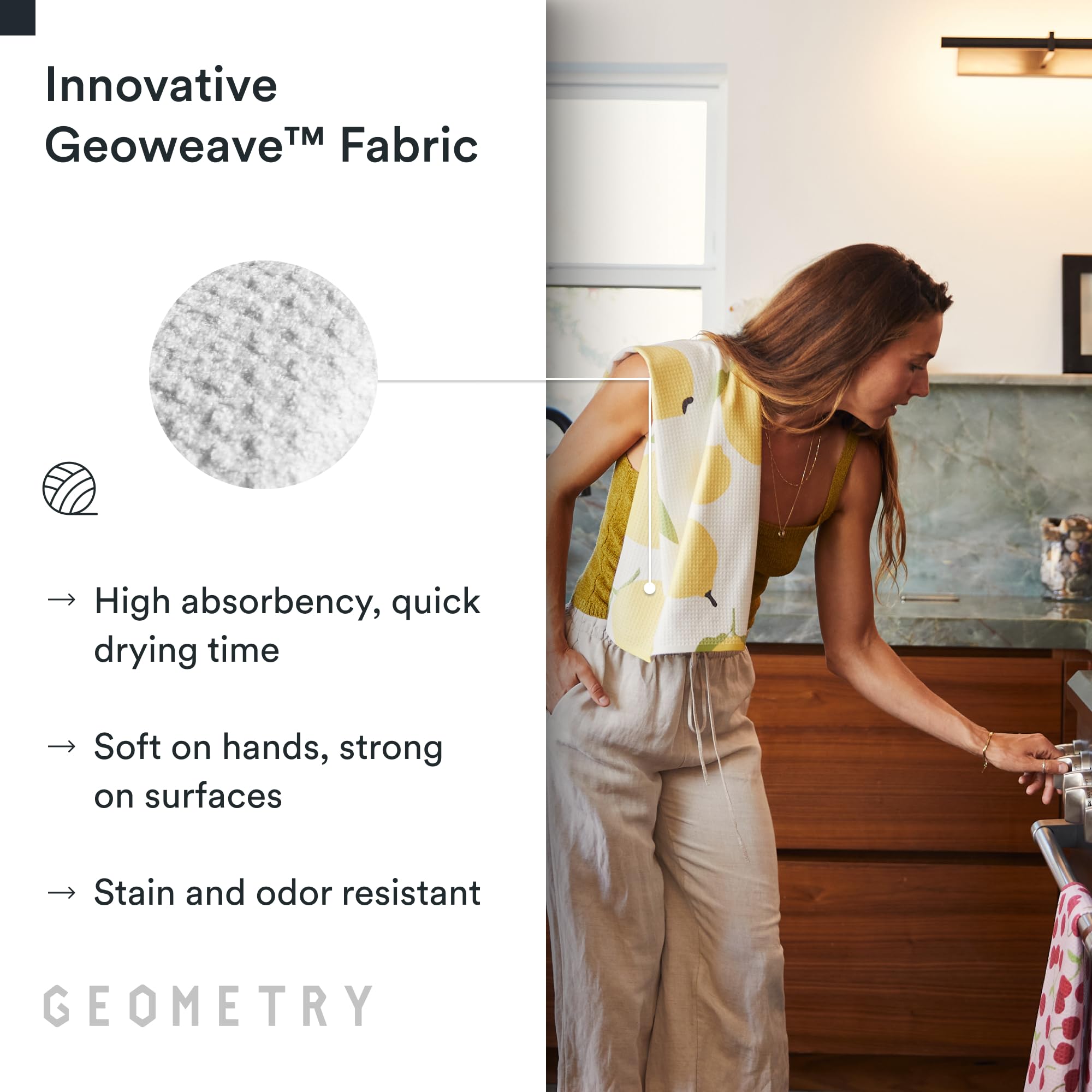 GEOMETRY toallas sostenibles, hechas con materiales postconsumo para uso diario.