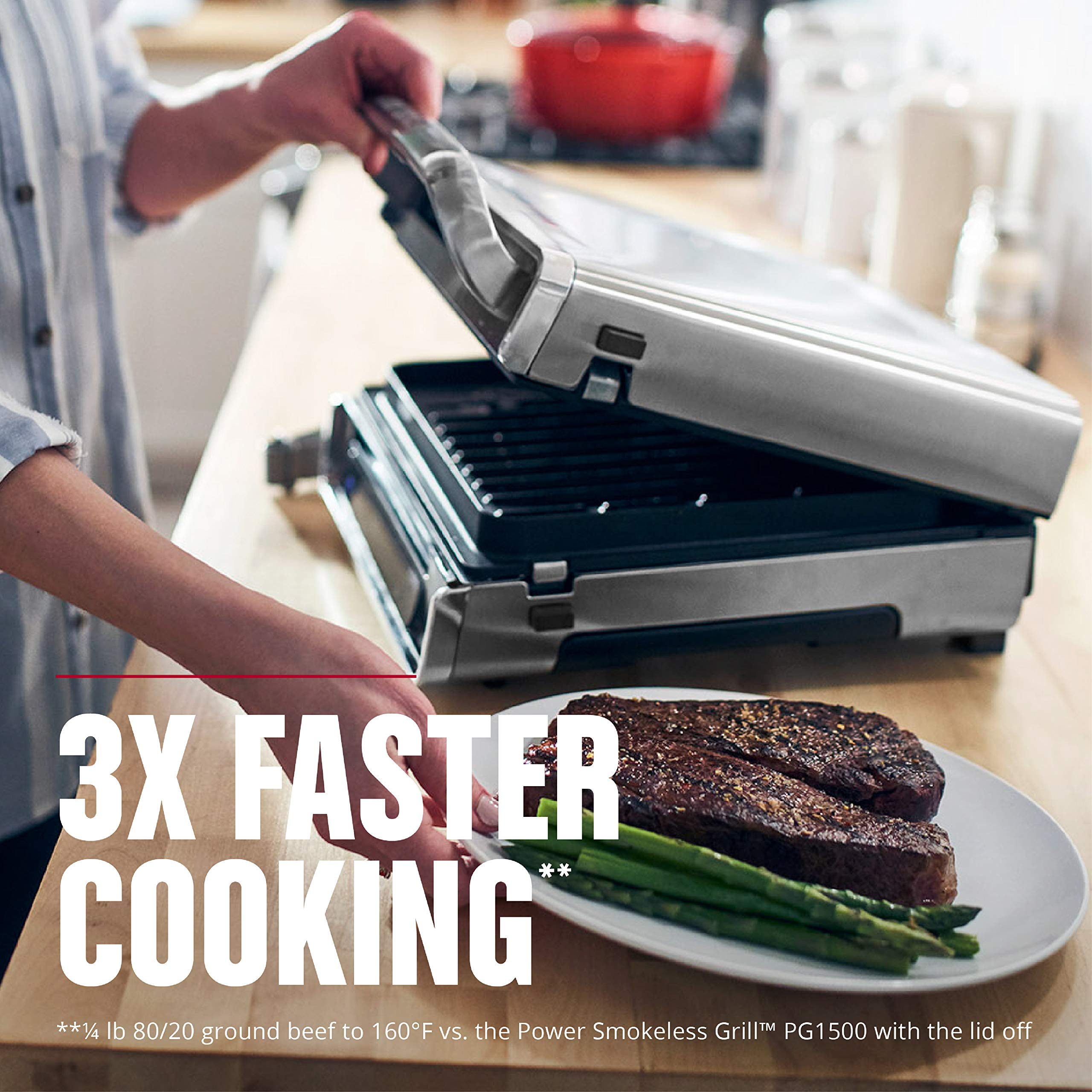 George Foreman Smokeless drena grasa en bandeja lavable, limpieza sencilla.