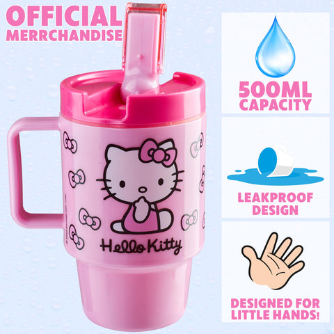 Botella Hello Kitty rosa con tapa flip y asa para llevarla a la escuela
