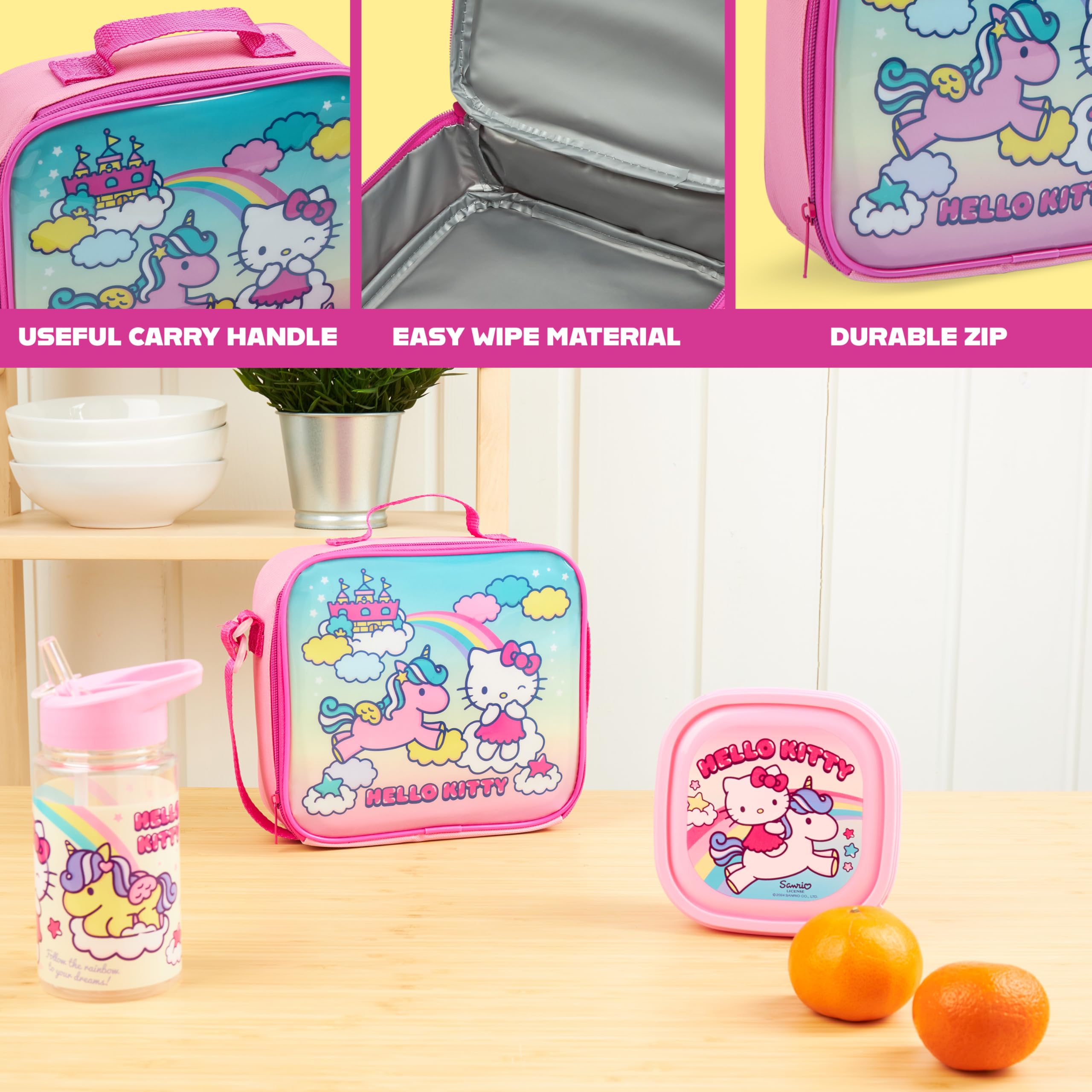 Caja merienda Hello Kitty 24 onzas con tapa removible, conveniente para snacks