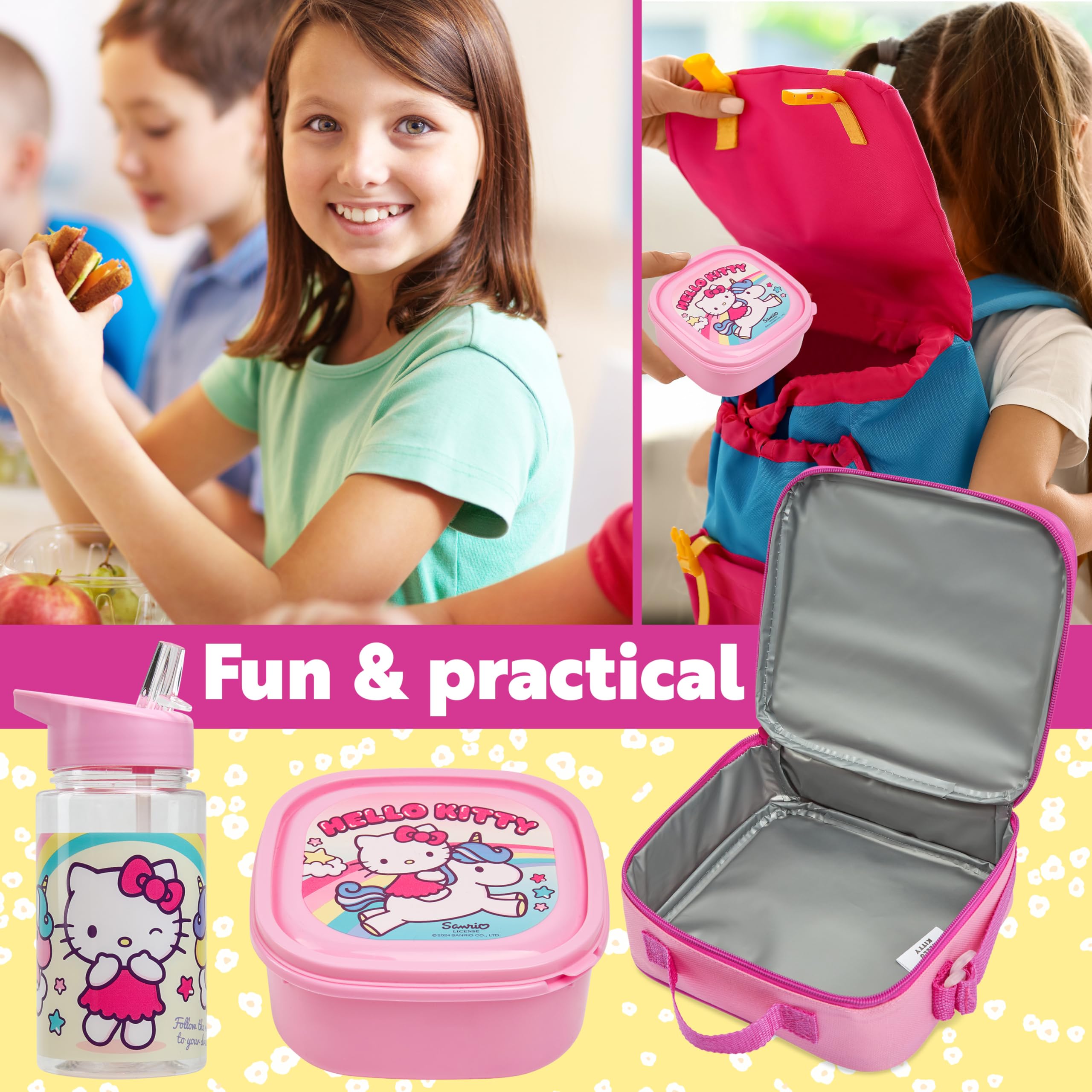 Lonchera Hello Kitty aislada con tapa removible, ideal para meriendas