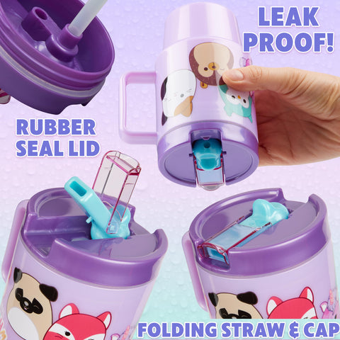 Diseño de la botella Squishmallows en color lila, regalo escolar perfecto para niños.