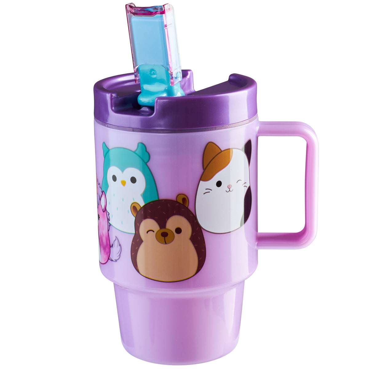 Botella Get Trend Squishmallows con pajita color lila, ideal para la escuela y la merienda.