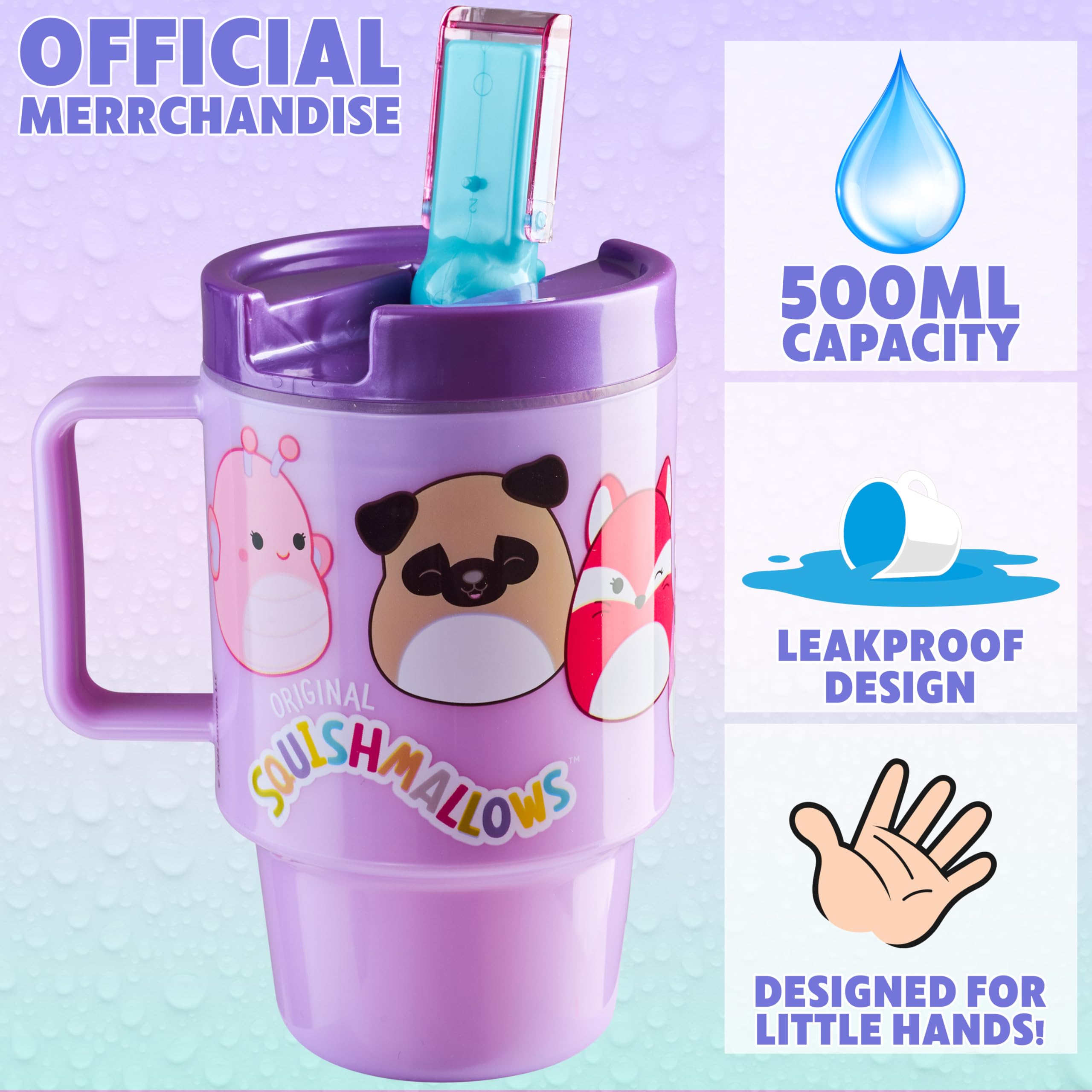 Botella Get Trend Squishmallows con tapa abatible lila, evita derrames durante la merienda.