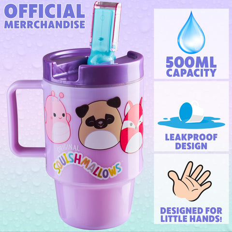 Botella Get Trend Squishmallows con tapa abatible lila, evita derrames durante la merienda.
