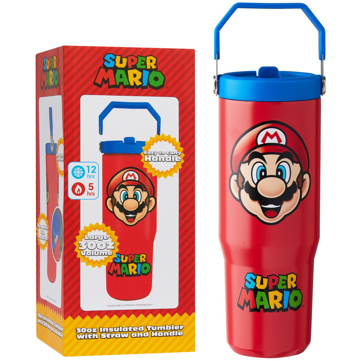 Get Trend vaso térmico Super Mario de 30 oz en rojo con pajilla, ideal para hidratación diaria.