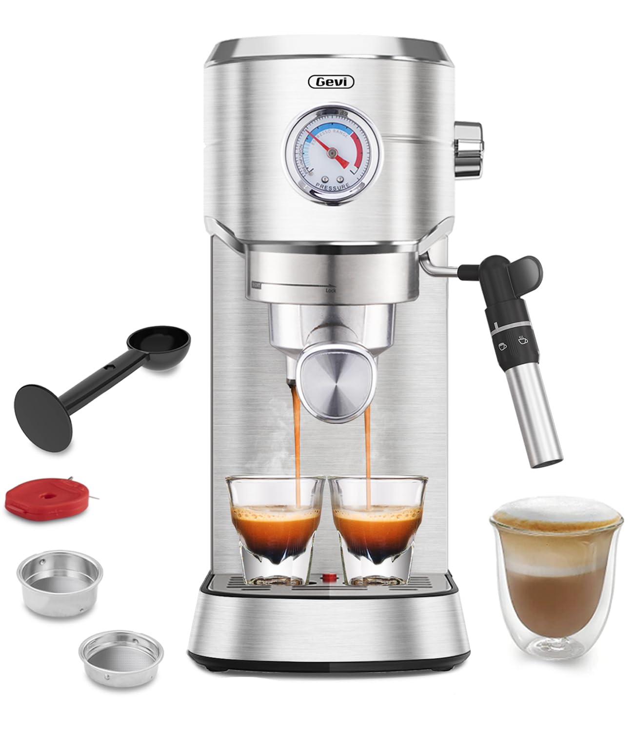 Gevi máquina espresso 20 bares con espumador de leche automático para cafés cremosos.