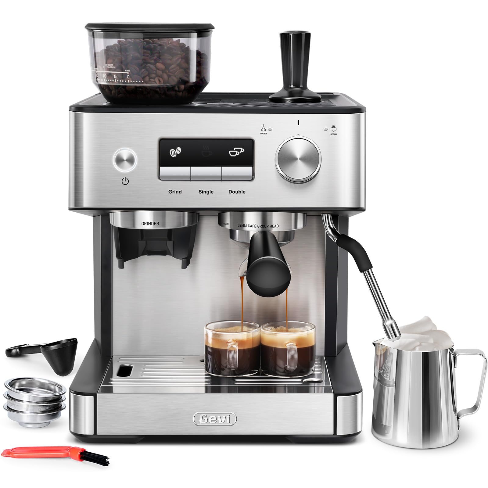 Gevi máquina espresso con molinillo integrado y vaporizador en acción, lista para espresso