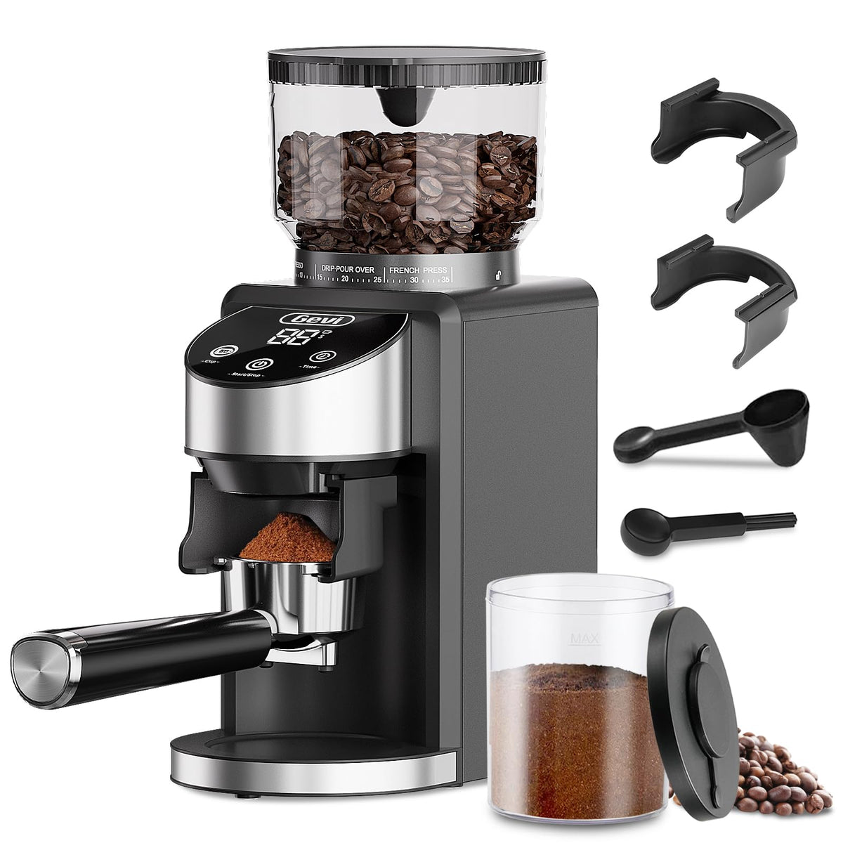Gevi molinillo de café con 240 g de granos para sesiones prolongadas.