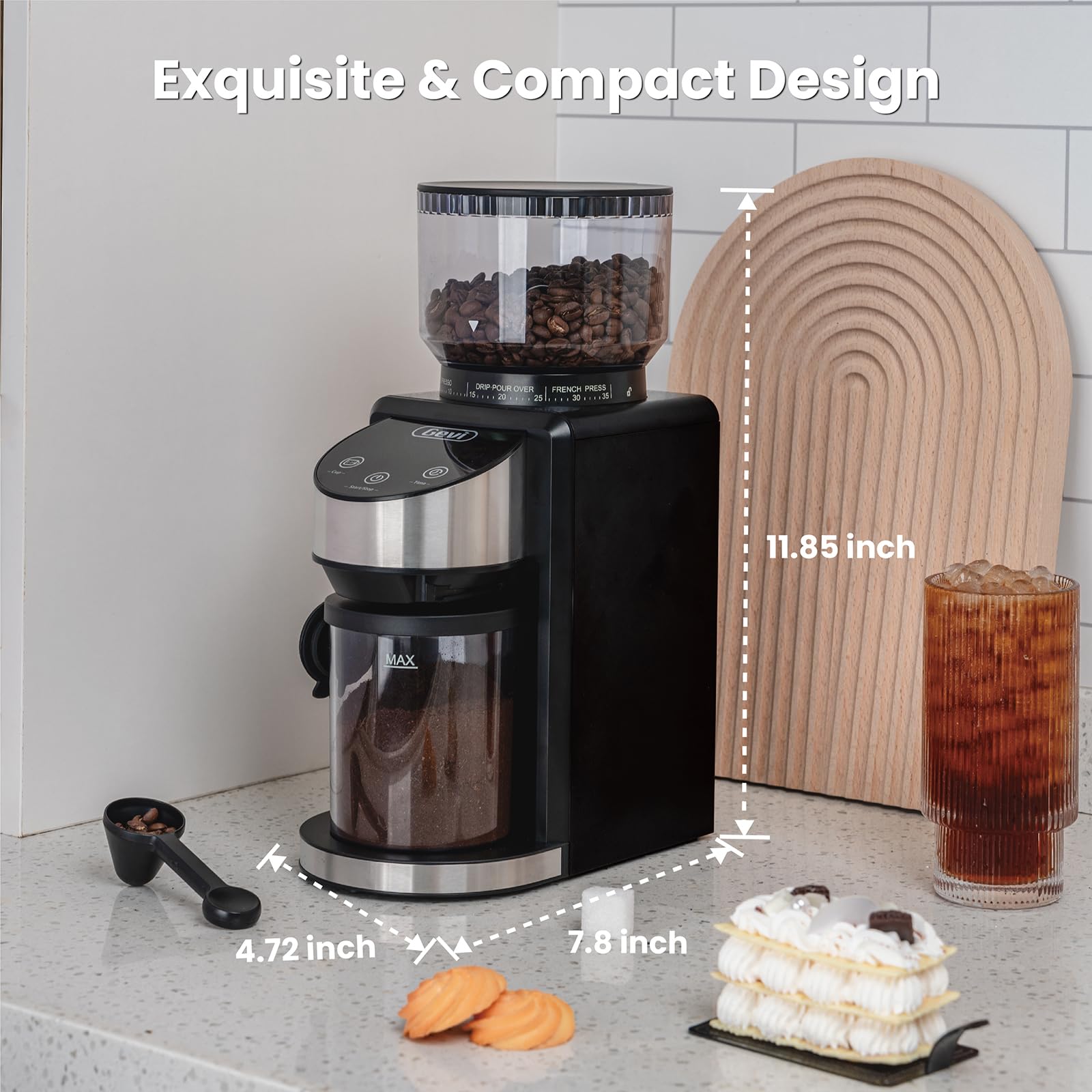 Gevi molinillo diseño negro compacto para cocinas modernas.
