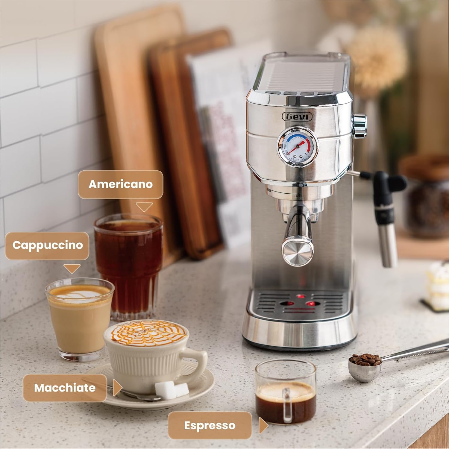 Gevi teclas iluminadas indican listo para espumar y hacer café.